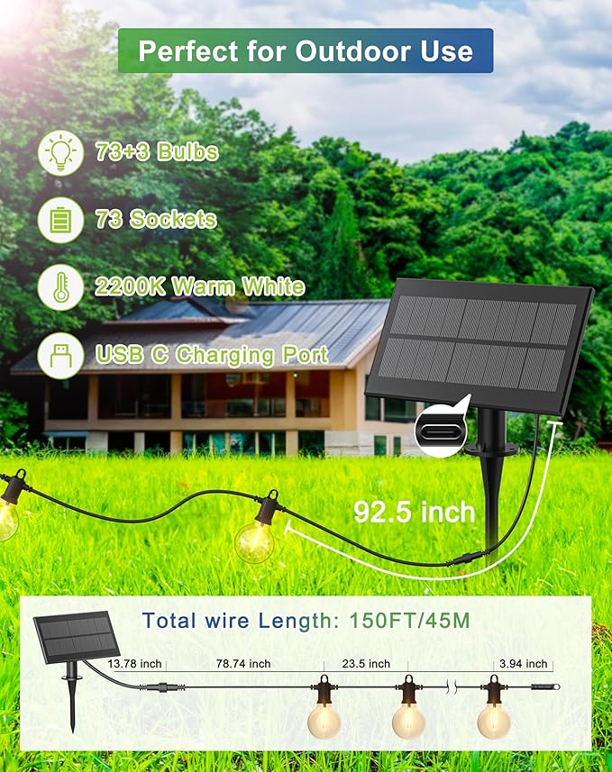 Solar String Lights Outdoor Waterproof 150FT with USB Port and 73 Shatterproof G40 Bulbs(3 Spare), LED Solar Powered Patio Lights for Outside, Porch, Backyard, Gazebo, Garden(Warm White)