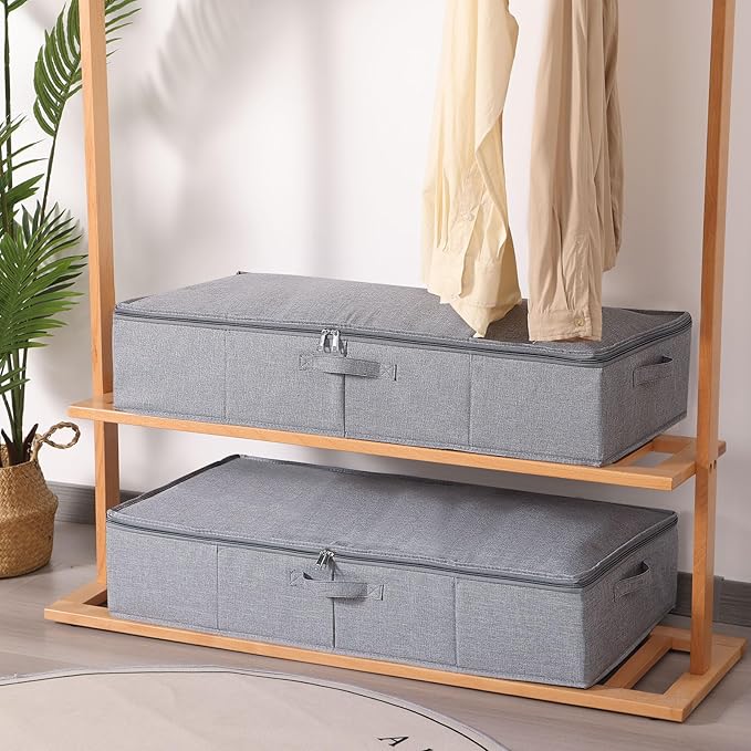 Underbed Storage Organizers, 23.6 x 11.8 x 5.9 Inch Fabric Container Bags with Lids, Storage Boxes for Blanket, Pillows, Shoes, Grey, 3 Pack