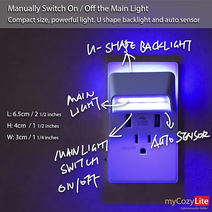 Dimmable Blue Night Lights, Dual Light, Adjustable LED Night Light Plug in, Dusk to Dawn Sensor, Auto ON OFF, Wall Night Light with Switch for Bedroom, Bathroom, Kitchen, Hallway, Stairway, 2 Pack