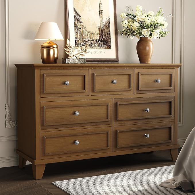 GAOMON Brown Dresser, 7 Drawer Dresser for Bedroom, 47" W Chest of Drawers with Deep Drawers, Closet Dressers with Metal Handle, Thickened Desktop, Wood Rustic Drawers for Hallway, Entryway, Closet