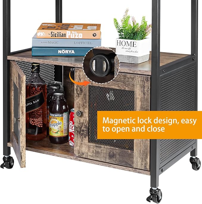 X-cosrack Coffee Bar Cabinet，3 Tiers Kitchen Coffee Cart with Drawer for The Home, Movable Farmhouse Ktichen Station Table on Wheels for Living Room, Entryway, Dining Room, Kitchen