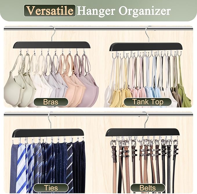2 Pack Bra Hangers for Closet Organizer, Round Rectangle Bra Organizer with 40 Stainless Steel Hooks, Wooden Tank Top Hanger, Closet Organizers and Storage for Bras Camis Belts Ties, Black Hanger