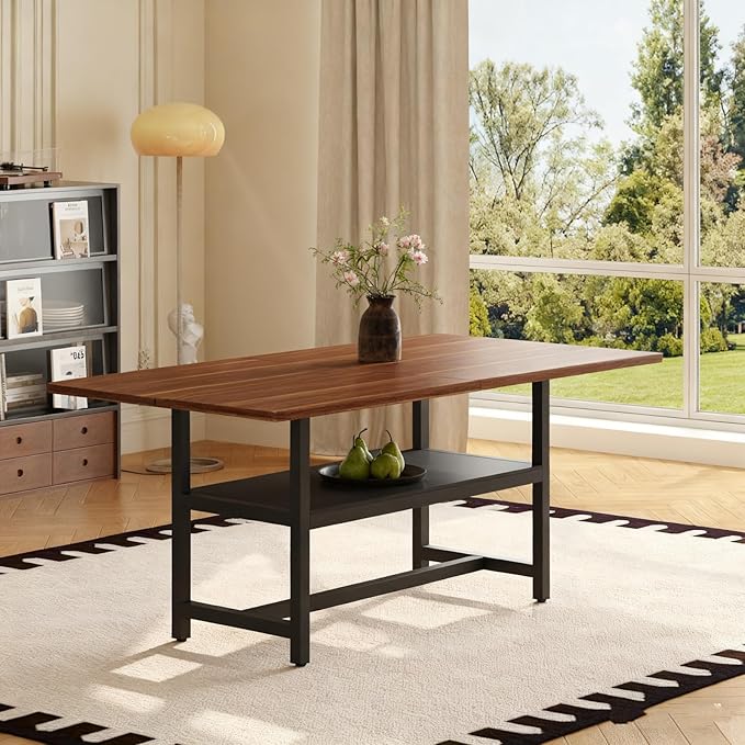 Dining Table, 71 inch Kitchen Table with Storage Shelf, Dinner Table with Black Textured Tabletop & Metal Legs, Minimalist Design for Family Gatherings, Fits Modern Home Decor, Walnut Black