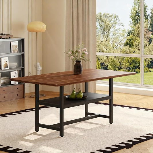 Dining Table, 71 inch Kitchen Table with Storage Shelf, Dinner Table with Black Textured Tabletop & Metal Legs, Minimalist Design for Family Gatherings, Fits Modern Home Decor, Walnut Black