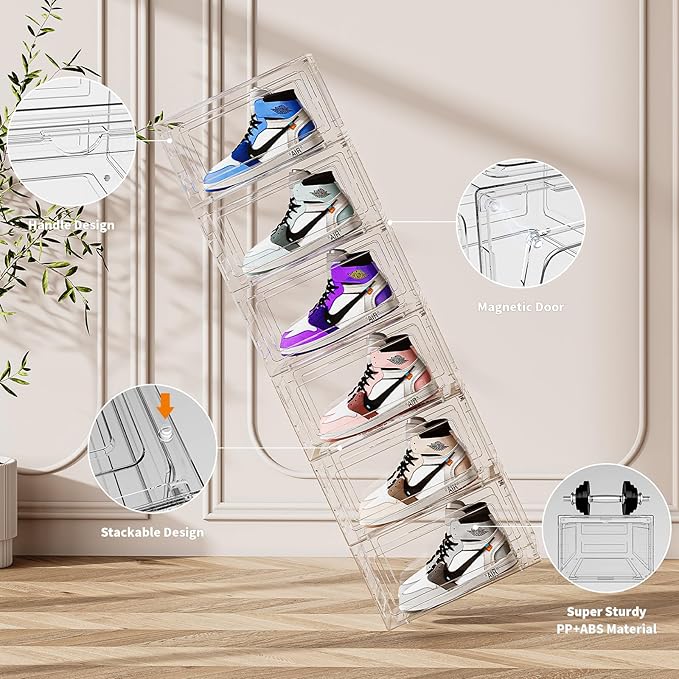 Large Shoe Boxes Clear Plastic Stackable 9 Pack Shoe Storage Organizer for Closet/Entryway, Drop front Shoe Box with Magnetic Door, Shoe Display Case, Fit up to US size 14