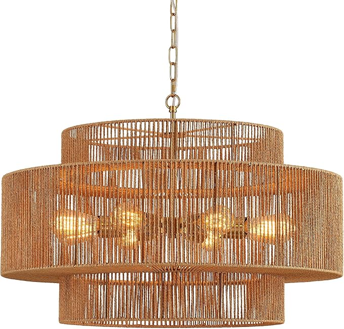 30” Large Hand-Woven Rattan Chandelier Vintage 8-Light Farmhouse Boho Bamboo Chandelier Light Fixture Retro 3-Tier Drum Wicker Rattan Golden Chandeliers for Dining Room, Kitchen, Living Room
