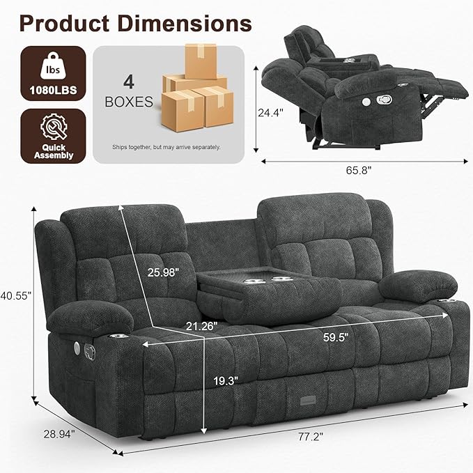 Loveseat Recliner Sofa, 3 Seater Minimalist Style Reclining Loveseat with Flip Back Console, USB Charge Ports, Cup Holders, Recliner Love Seat Couches for Living Room, RV, Gray
