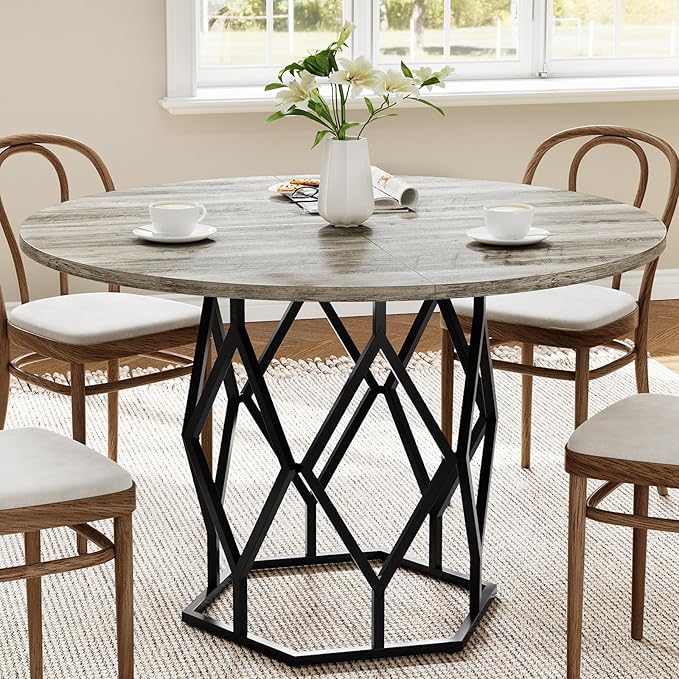 IDEALHOUSE 47 Inch Round Dining Table, Farmhouse Diner Table for 4-6 People, Kitchen & Dining Room Tables, Wood Circle Table for Kitchen, Dining Room, Living Room, Gray