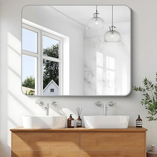 KOCUUY Silver Bathroom Mirror, 40x48 Inch Large Bathroom Mirror for Over Sink, HD Tempered Glass, Anti-Rust Brushed Silver Frame, Rounded Corner Modern Design for Bathroom, Hang Horizontal/Vertical