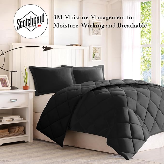 Madison Park Comforter Set, Reversible Down Alternative All Season Microfiber Bedding, 3M Scotchgard Stain Release, King Dorm Comforter, Black/Black