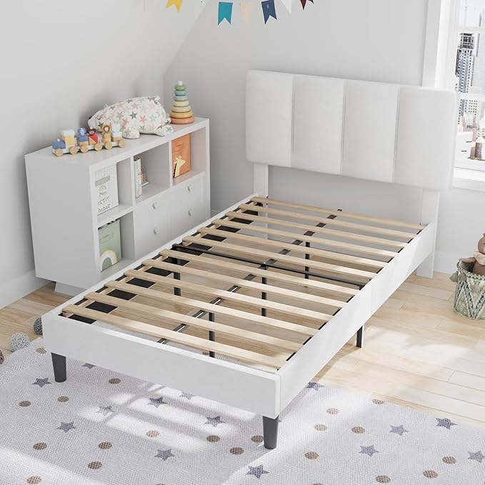 VECELO Twin Size Bed Frame with Upholstered Headboard, Heavy-Duty Bedframe with Wooden Slats & Steel Framework, Easy Assembly, Pure White