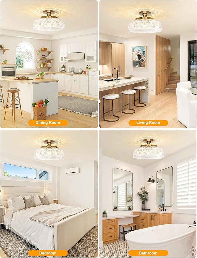 Semi Flush Mount Ceiling Light, 12 Inch Large Gold Ceiling Light Fixture, 3-Light Globe Glass Farmhouse Kitchen Lighting Fixtures for Bathroom, Hallway, Dining Room (Bulb Not Included)