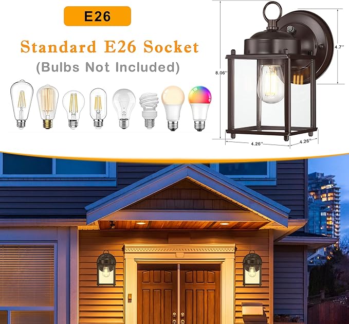 Dusk to Dawn Outdoor Wall Lantern, Exterior Waterproof Sconces Lighting Wall Mount, Front Porch Light, Anti-Rust Metal Outside Light Fixtures with Clear Glass, Matte Bronze, 2-Pack