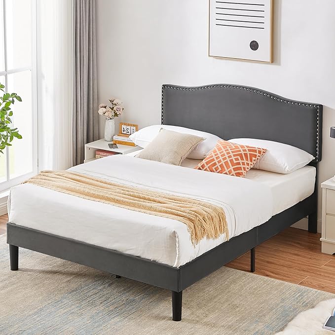 VECELO Full Bed Frame, Platform Bed Frame with Adjustable Height Upholstered Headboard, Heavy-Duty Frame and Strong Wooden Slats Support, Non-Slip and Noise-Free, Easy Assembly, Dark Grey