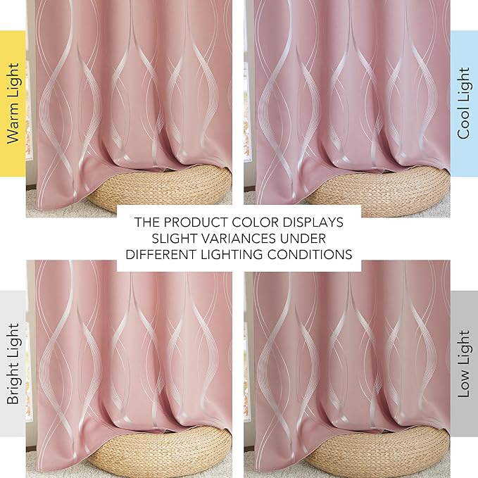 NICETOWN 100% Blackout Pink Curtains for Bedroom and Living Room, Easy Care Solid Thermal Insulated Grommet Panels and Drapes for Bedroom Decoration, 52 x 63, 2 Panels
