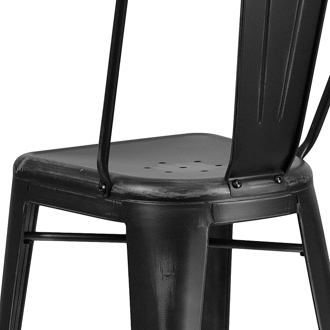 Flash Furniture Commercial Grade 30" High Distressed Black Metal Indoor-Outdoor Barstool with Back