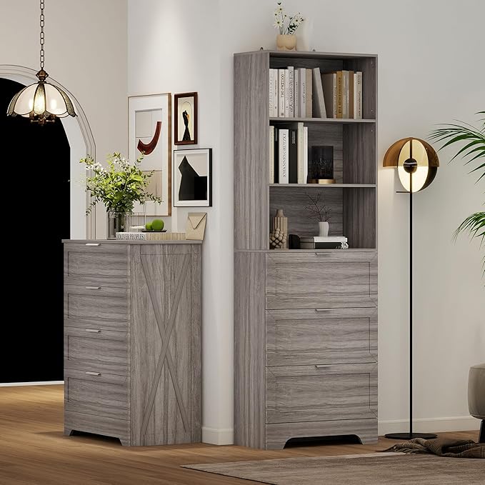 71'' Tall Bookshelf with Drawers,6 Tier Wooden Bookcase Storage Organizer,Freestanding Display Cabinet with Adjustable Shelves for Living Room, Bedroom, Kitchen, Home Office, Wash Grey
