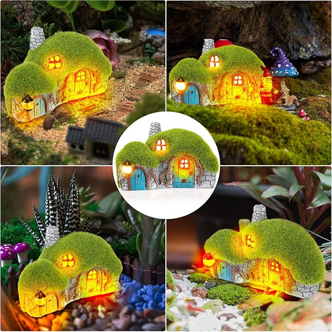 Outdoor Figurine Lights Garden House Statue and Mushroom Fairy House Decor Outdoor Statues with Solar Lights Garden for Patio Lawn Yard Ornaments, Housewarming Gift