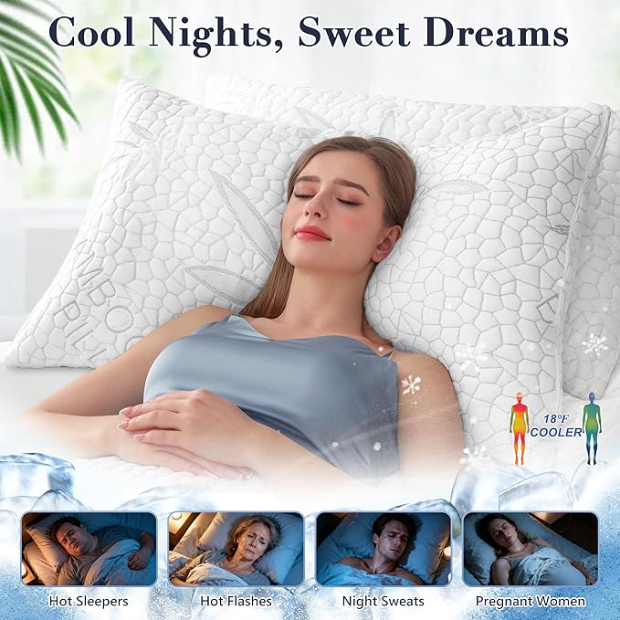 Yettbea Adjustable Shredded Memory Foam Pillows Queen Size Set of 2, Luxury Cooling Bamboo Rayon Pillow w/Washable Zippered Cover, Soft or Firm Support Bed Pillow for Side, Back, Stomach Sleeper