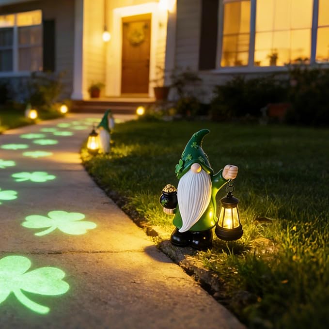 St Patrick's Day Gnome Decorations Outdoor, Solar Leprechaun Decor with Pot of Gold, Resin Figurine with Shamrocks & Solar Light for Garden Patio, Gift Luck and Fortune