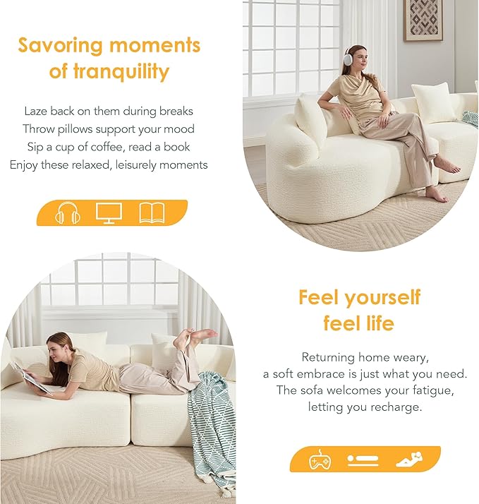 110" Oversized Cloud Sectional Sofa Modern Curved Boneless Couches for Living Room, 4-Seater Extra Deep Seat Foam Floor Compressed Couch w/Tight Backrest and 4 Pillows,Chenille Sofa & Couches | Breathable material, Non-slip, No Assembly Required