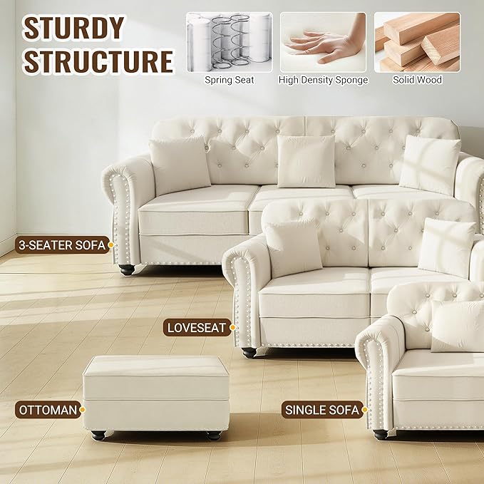 KEIKI 41" Velvet Chesterfield Sofa with Rolled Arms & Nailhead Trim & 1 Ottoman, Modern 1-Seater Button Tufted Couch with High Resilience Cushion & 1 Pillow, Easy Assembly, for Living Room, White