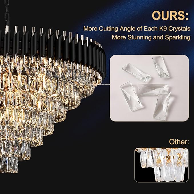 Modern Black and Gold Crystal Chandeliers 35'' Large Chandeliers for High Ceiling 7-Tier 22-Light K9 Crystal Luxury Round Crystal Chandelier Light Fixture for Staircase Living Room Foyer Lobby
