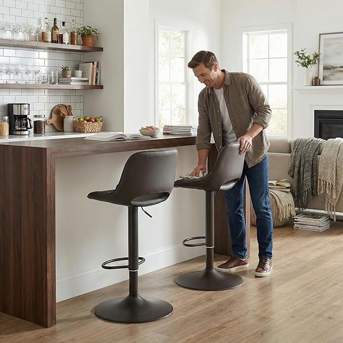 YOUNIKE Bar Stools Set of 2 Modern Swivel Barstools, Compact Adjustable Counter Height Bar Stools Faux Leather Upholstered Counter Stools with Hollow Back for Kitchen Island, Brown