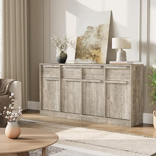 GarveeHome Sideboard Buffet Cabinet with 4 Drawers, 62.4 in Large Coffee Cabinet with Storage, Modern Storage Buffet Table for Kitchen Dining Room, Living Room (Grey, 4 Doors & 4 Drawers)