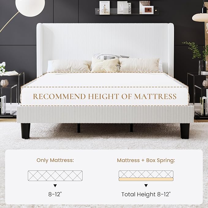 SHA CERLIN King Size Corduroy Upholstered Platform Bed Frame with Vertical Channel Tufted Wingback Headboard, 8" Under Bed Storage, Wooden Slats & Metal Frame Support, Easy Assembly, White