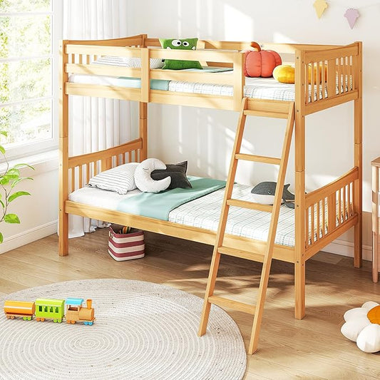 DUMOS Loft Bunk Bed Twin Over Twin, Solid Wood Frame with Slats, Bunk Beds with Ladder and Guardrail, No Box Spring Needed, Space Saving Bed Frame for Dorm, Bedroom