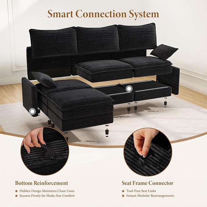 Vesgantti 142" Cloud Couch Sectional Modular Sofa, Comfy Sectional Couch with Ottoman Deep Seat Corduroy L Shaped Sofa, Modular Couches for Living Room, Bedroom and Apartment, Black | Sink-in Comfort, Height Adjustable, Easy Rearrangement, Extra-deep O...