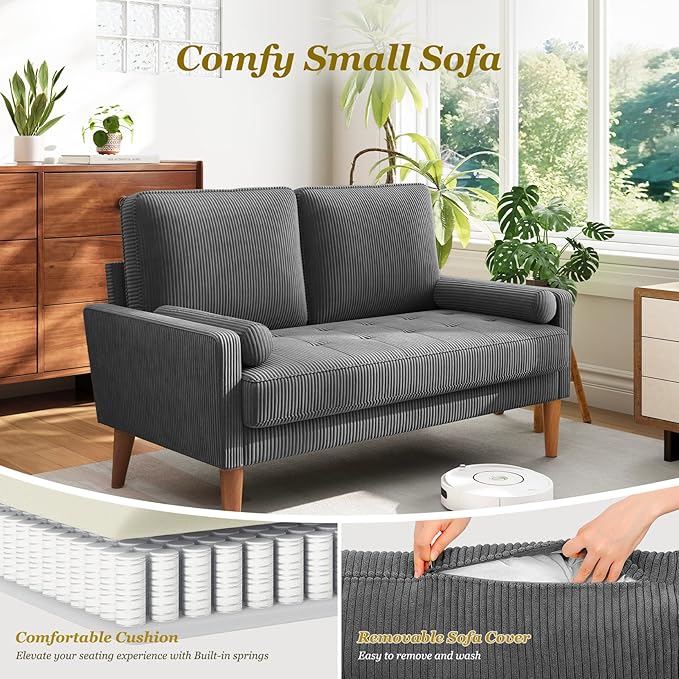 Vesgantti Loveseat Sofa with Solid Wood Legs,48" Small Corduroy Couches for Small Spaces, Mid Century Modern Love Seat for Living Room, Bedroom, Easy Assembly with Throw Pillow, Grey