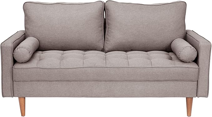 Taylor & Logan Hendrix Tufted Faux Linen Upholstered Mid-Century Modern Loveseat with Solid Wood Legs in Slate Gray