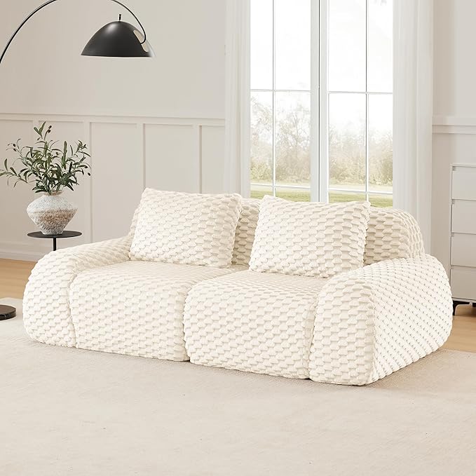 KEIKI 81.9" Loveseat Boneless Couches for Small Living Room, Minimalist Modular Sectional Velvet Sofa, Deep Seat Upholstered Couch for Apartment Furniture, Modern Decor, Chaise Lounge Indoor, Cream