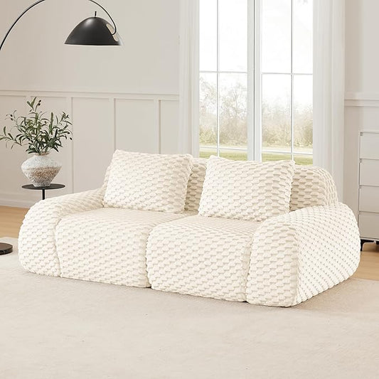 KEIKI 81.9" Loveseat Boneless Couches for Small Living Room, Minimalist Modular Sectional Velvet Sofa, Deep Seat Upholstered Couch for Apartment Furniture, Modern Decor, Chaise Lounge Indoor, Cream