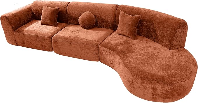 Merax 140" Curved Polyester Sectional Sofa Set, 7 Seat Modern Cloud Couch with Chaise Lounge,3 Pillows, Fully Assembled for Living Room, Orange