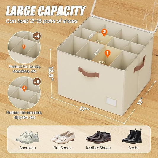 PHINOX Shoe Organizer for Closet, 2 Pack Fabric Shoe Organizer Storage Box, Shoe Storage Containers with Clear Cover, Closet Shoe Storage for Boots Sandals Slippers,Fits 16-32 Pairs, Beige
