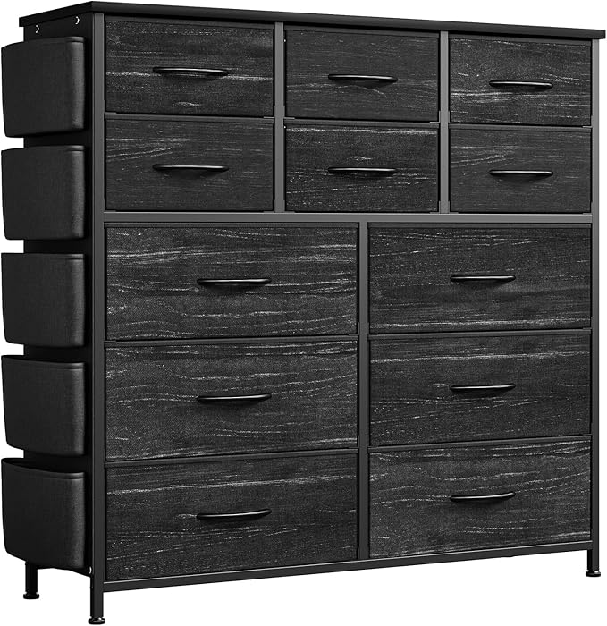 GarveeHome Black 12 Drawer Dresser for Bedroom, Fabric Dressers & Chests of Drawers with Side Pockets, Chest of Drawers for Closet, Living Room, Closet, Hallway