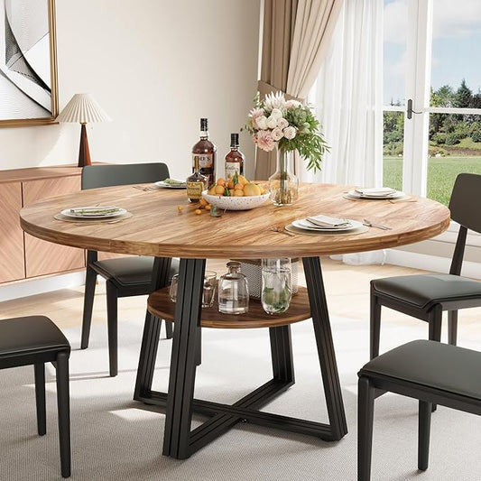 Garvee 47" Inch Round Dining Table for 4, Farmhouse Dining Room Circle Dinner Table,Space Saving Wood Kitchen & Dining Room Furniture, Round Tables with Storage and Metal Square Legs, Brown