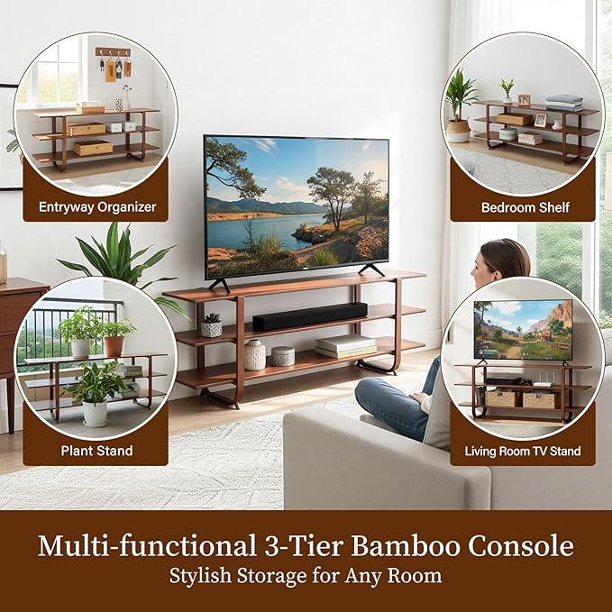 Welnow Bamboo TV Stand for Up to 65 Inch, Mid Century Modern Entertainment Center with 3-Tier Open Shelves, Storage Media Console Table for Living Room, Bedroom, Walnut