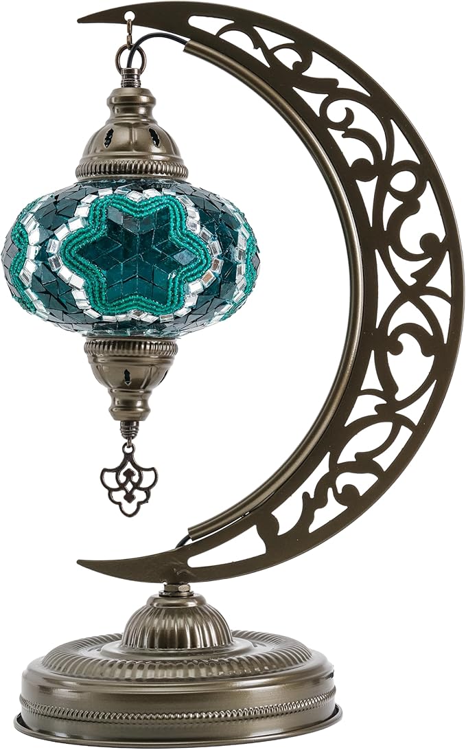 Mozaist Turkish Stained Glass Luna Shape Table Lamp, Moroccan Crescent Tiffany Style Handmade Desk Light, Rustic Moon Living Room, Mosaic Lampshade Office Decorative Dim Lighting (Emerald Green)