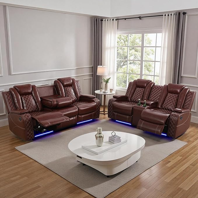 Power Recliner Sofa Sets for Living Room, Leather Recliner Sofa Set with LED Light, Console Storage, Cup Holder for Home Theater Seating(Sofa and Loveseat,Red)