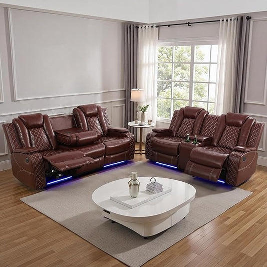 Power Recliner Sofa Sets for Living Room, Leather Recliner Sofa Set with LED Light, Console Storage, Cup Holder for Home Theater Seating(Sofa and Loveseat,Red)