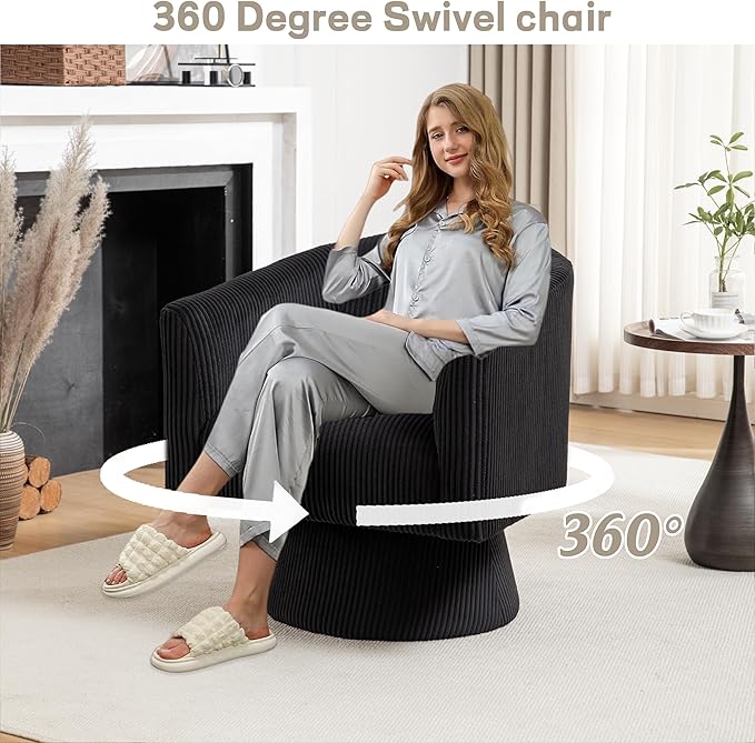 Swivel Accent Chair, Modern 360° Barrel Chair, Corduroy Upholstered Single Sofa for Living Room, Bedroom(Black)