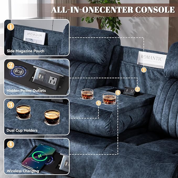 Zero Gravity Power Recliner Sofa Couch – Electric Reclining Sofa with Drop Down Table & Wireless Charging, 3 Seater Reclining Couch with Adjustable Headrests for Living Room (Velvet, Blue)