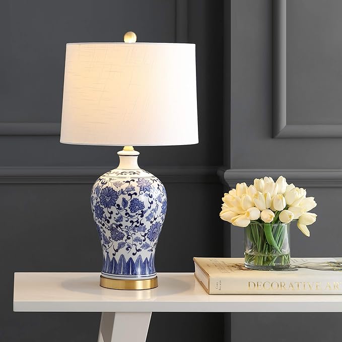 JONATHAN Y 25.75" Blue and White Ceramic Ginger Jar LED Table Lamp Set of 2, Traditional Brass Gold Base for Bedroom Living Room, White Linen Shade, LED Bulbs Included JYL1073A-SET2