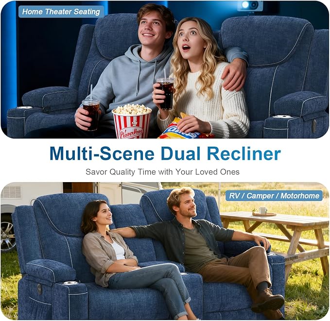 Dresegmt Loveseat Recliner Sofa, Manual Reclining Loveseat Sofa with Storage Console, Cup Holders, USB Ports, Modern Luxury Large Navy Blue Linen Recliner Couch for Living Room/RV