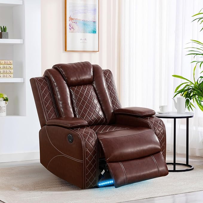 Breathing Leather Power Reclining Chair, Leather Reclining Sofa Couch Chair for Living Room, Single Recliner with USB Ports/LED Lighting for Bedroom/Office/Home Theater (Auburn, Recliner Chair)