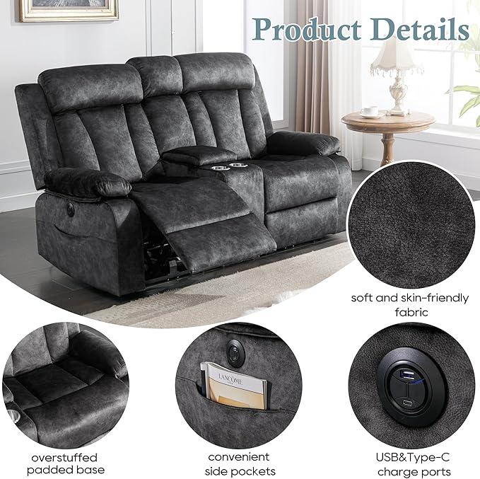 GUEAPY Reclining Loveseat-Power Reclining Loveseat with Console,Double Recliner Loveseat with Heat and Massage,Electric Loveseat Recliner with Cup Holders,USB & Type-C Charge Ports for Living Room,RV